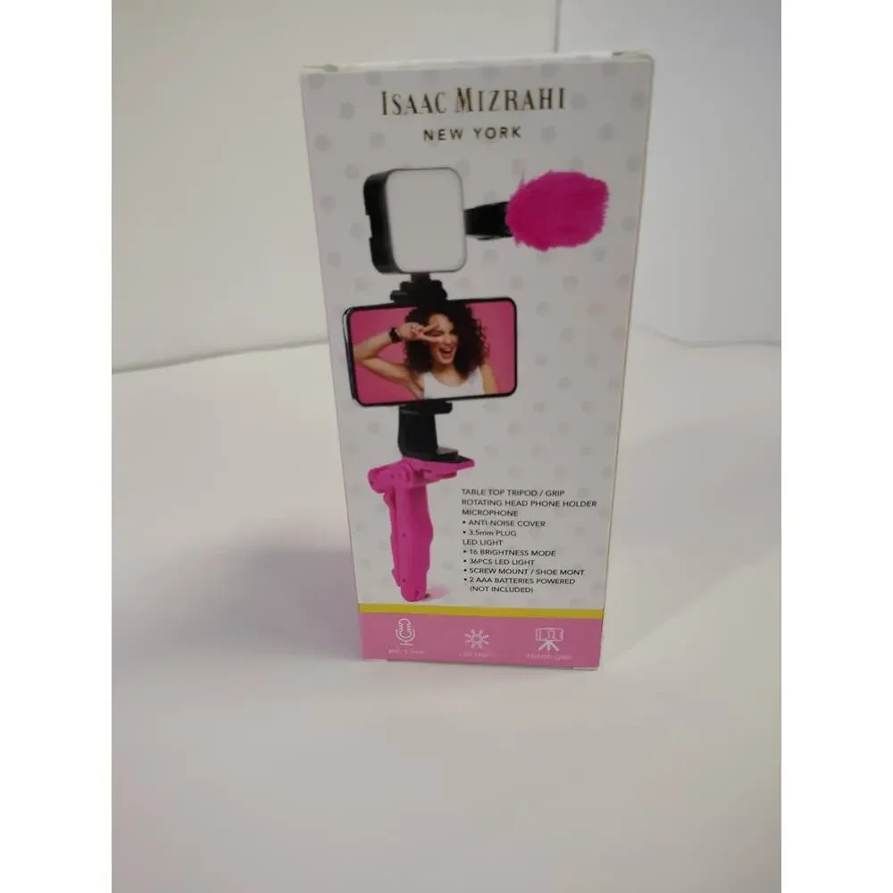 Isaac Mizrahi Vlogger Kit NEW Stand Light Mic Tripod Grip LED Pink